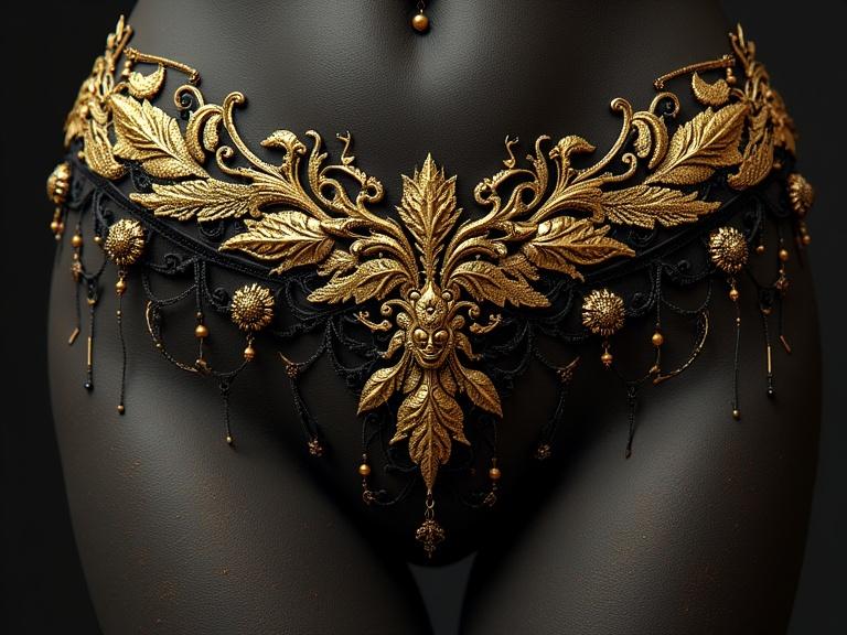 Close-up of intricate black and gold lingerie design. Features detailed patterns and ornamental elements around the waistband. Focus on textures and luxurious appearance.