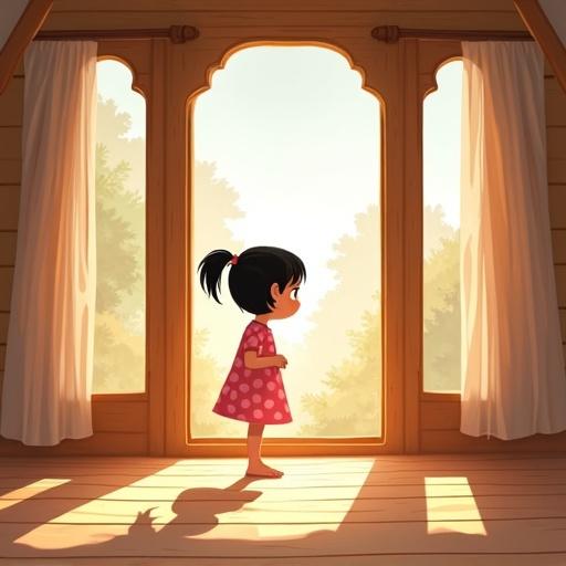 Inside wooden house with soft light. Leila stands barefoot on wooden floor. She wears a pink polka-dot dress and has a short ponytail. Leila looks angrily at her distorted shadow. Arms crossed and body tense show her upset mood. Soft flat shading and no outlines for children's book style.