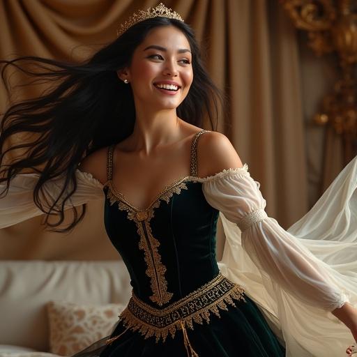 Medieval fantasy queen with a joyful expression and detailed attire. She is winding up to throw a soft pillow with powerful motion. The scene captures her elegant dark velvet gown with gold embroidery. Background features a luxurious royal bedroom.