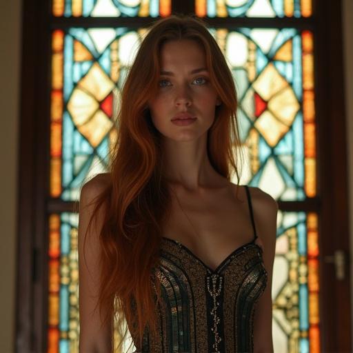 A tall woman with flowing auburn hair stands in front of a stained glass window. She wears a detailed skater dress. Expression is serene and mysterious.