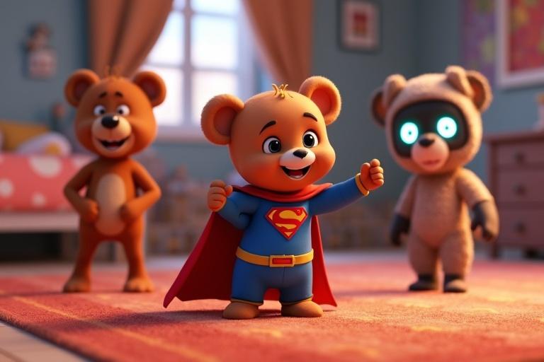 Lively animated scene with teddy bears. One bear has a blue suit and red cape like a superhero. Bear presses a subscribe button. Other bears cheer. Bright colors and vibrant daylight in Rahul’s bedroom.