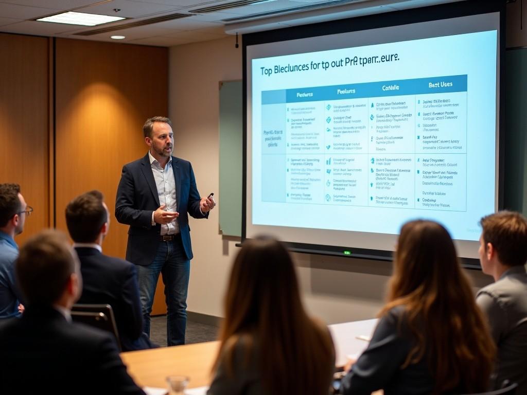 The image shows a presentation about different platforms related to PR and marketing. There is a large screen displaying a table with various platforms, their features, pricing, and best uses. A presenter is discussing the content while facing an audience seated at a table. The room has a modern setup with warm lighting. People in the audience appear to be engaged, taking notes, and listening attentively to the presentation.