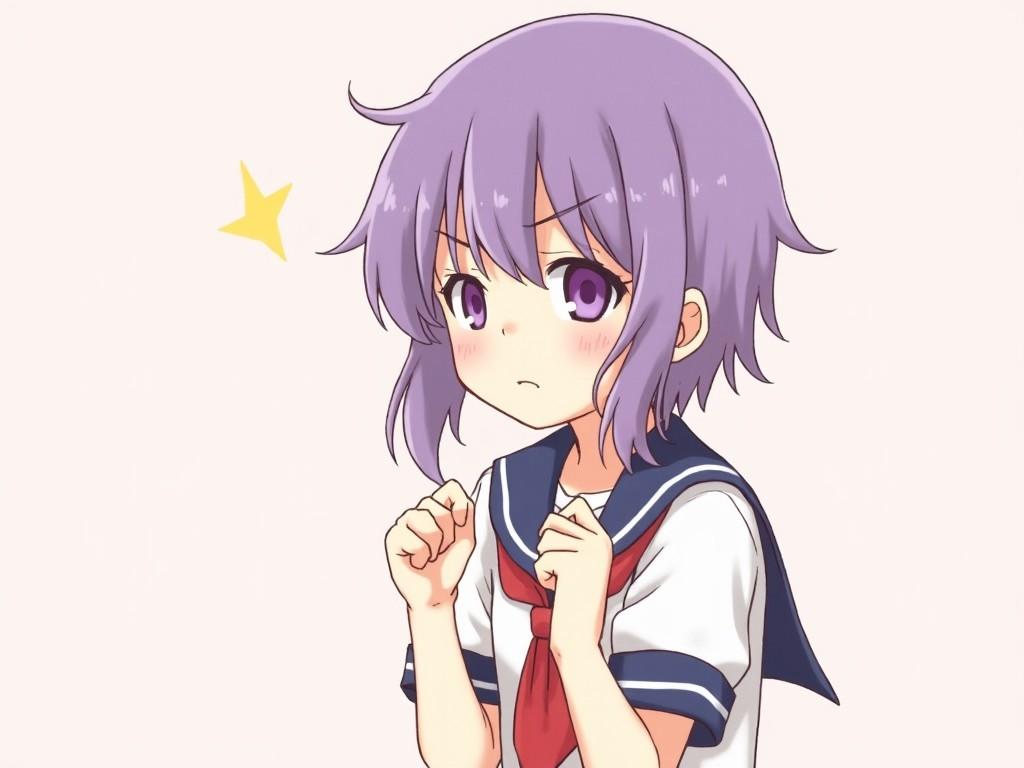 This image depicts a shy anime girl with short purple hair, wearing a sailor uniform. She has a gentle expression as she fidgets with her hands, which conveys her timid nature. The addition of unique curved appendages adds a whimsical touch to her character design. The soft pastel background enhances her delicate appearance. Overall, this character embodies cuteness and vulnerability, making it appealing to fans of the genre.