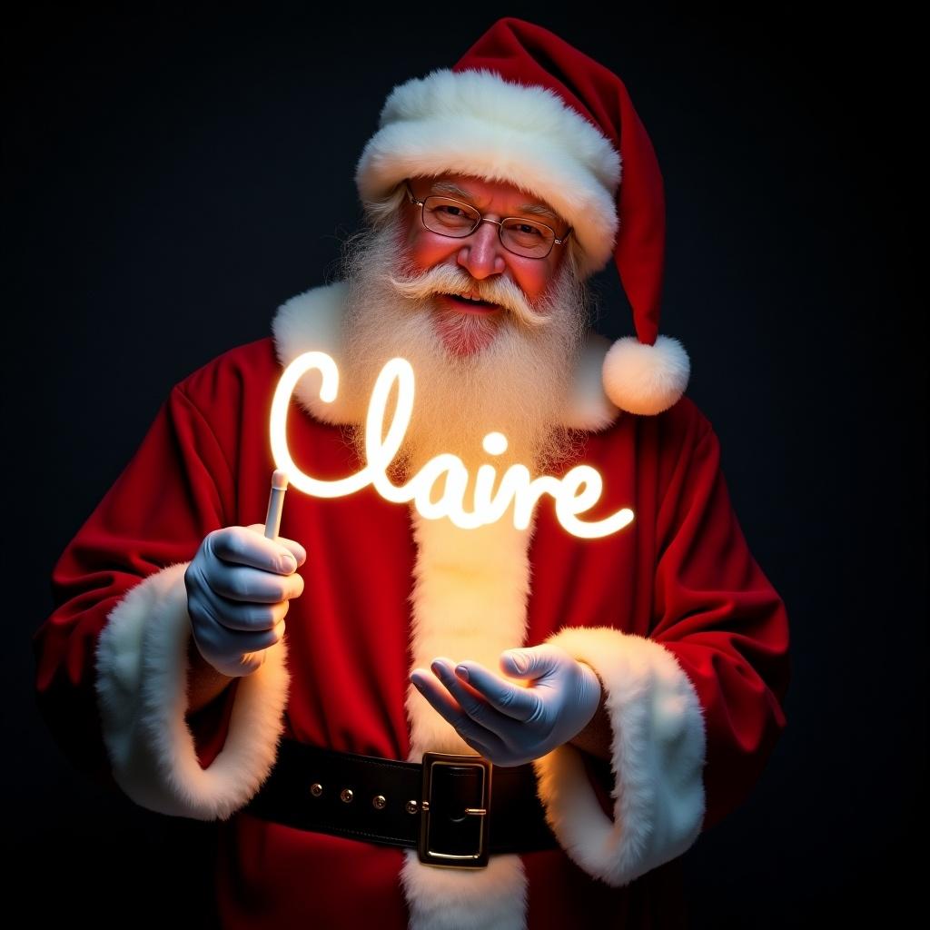 Image of Santa Claus in his red suit holding a glow stick that spells 'Claire'. Dark background enhances the glow. Santa looks jolly exuding holiday warmth.