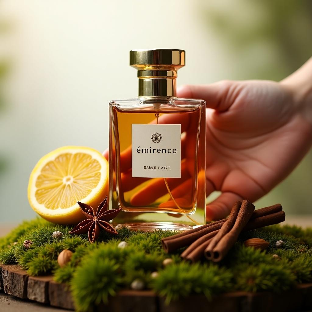 This image beautifully showcases a premium perfume bottle placed on a bed of mossy grass. The bottle, labeled éminence, contains a rich brownish liquid, creating a sense of luxury. Surrounding the bottle are lemon slices, star anise, and cinnamon sticks, enhancing the aromatic theme. A woman’s hand gently holds the bottle, adding a touch of elegance. The light background creates a soft focus, emphasizing the product's craftsmanship and allure.