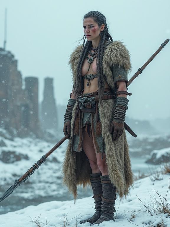 Photorealistic full-body portrait of a tall proud huntress in snow-covered ruins. Lean muscular physique from hunting. Pale wind-burned skin with freckles and scars. Hair braided and frost-hardened. Wears layered animal hides and fur. Holds a primitive spear. Scene captures cold mist and soft snowfall with cinematic lighting.