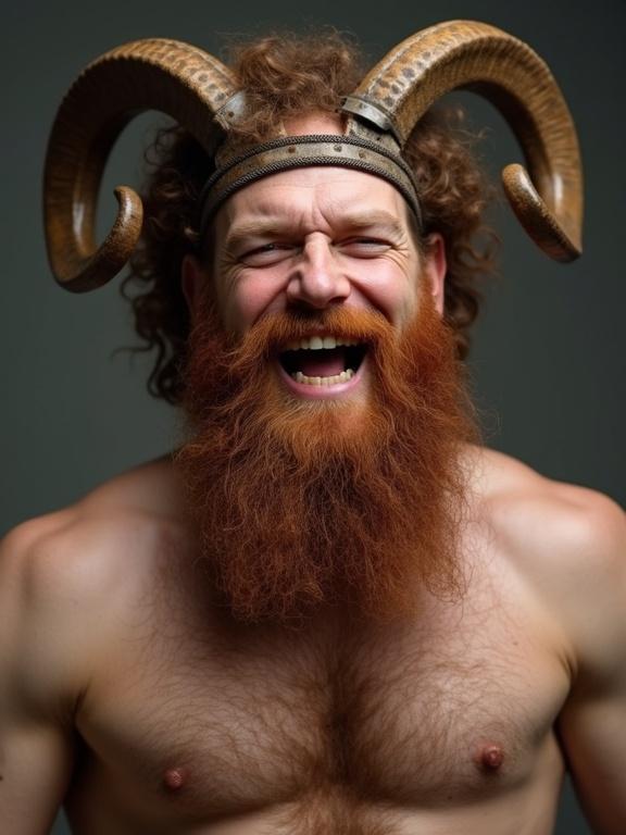 A man with a long thick reddish-brown beard and curly brown hair smiles broadly. He wears a headpiece with ram horns. The photo is taken from the chest up with a neutral background.