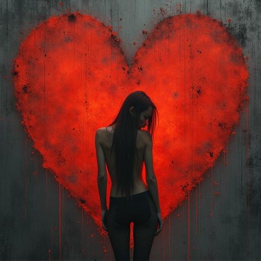A silhouette of a person standing before a large heart painted on a wall. The heart is vibrant red and textured. The background is dark and moody. The person stands with a contemplative posture. A stark contrast between the bright heart and the dark surroundings.