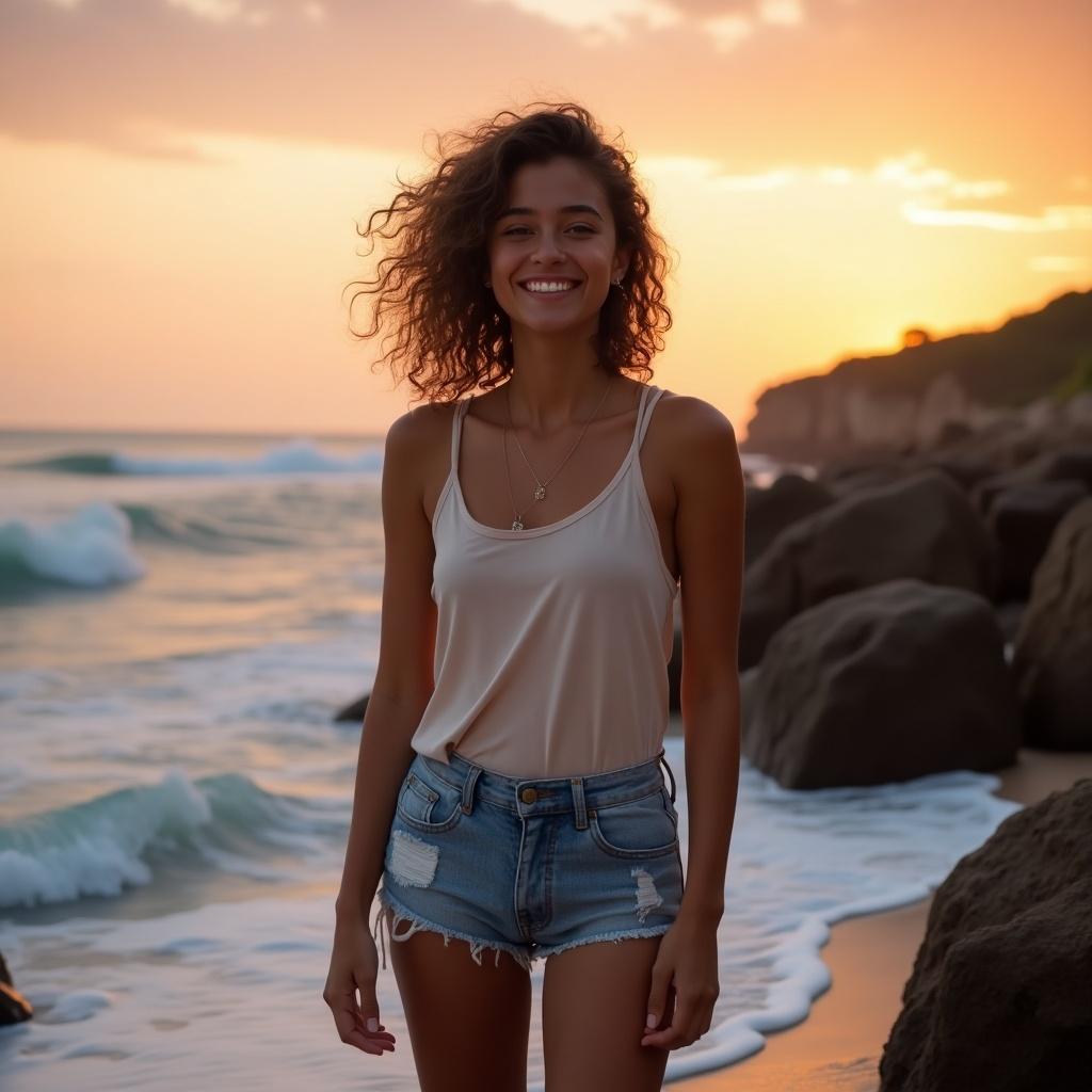 Woman standing on a beach during sunset wearing a tank top and shorts. Ocean waves and rocks in the background.