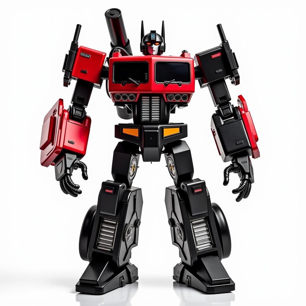 Image shows a custom transformer robot made from theatre equipment. Robot is tall and imposing. Color scheme is black and red. Background is transparent. The design is creative and embodies innovation. Suitable for entertainment and merchandise. Parts of a car are mixed in.