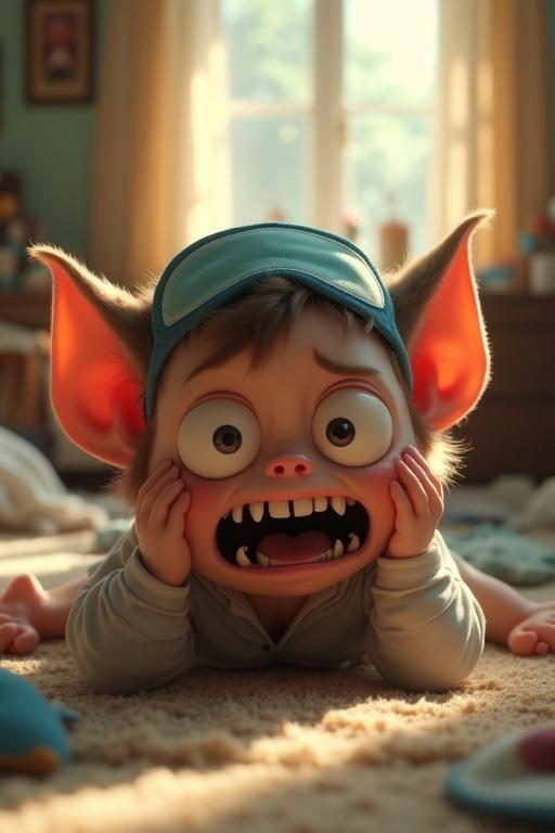 A hyperrealistic 3D cartoon humanoid creature with oversized eyes huge ears and sharp little teeth lying dramatically face down on the floor in a messy bedroom. Sunlight streams through curtains. Wearing pajamas and a sleep mask pushed up. Mouth open in fake sobs with an exaggerated frustration expression. Stylized cinematic cartoon effect.