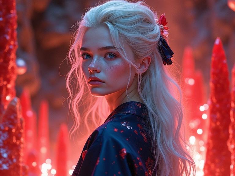 Bright surrealism art showing a close portrait of a young female. She has hypervivid blue eyes, long wavy silver hair with red stripes, and pale skin with patches of red crystals extending outward. She's wearing a navy granite kimono and standing in a shining cave filled with glowing red crystals.