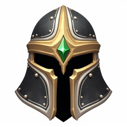 Icon of a helmet featuring black and white with gold, black, and green accents for a card game. Designed in the style of World of Warcraft. Size 48 x 48 pixels with a transparent background.