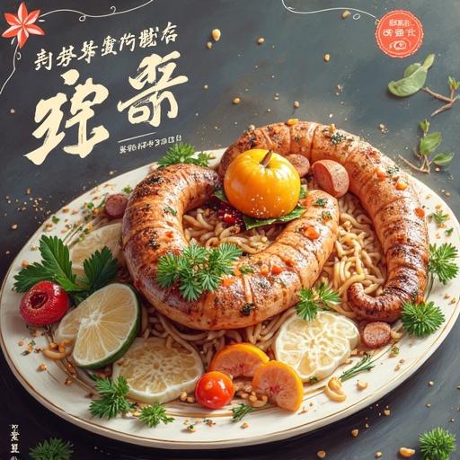 A gourmet dish featuring noodles and grilled meat. The dish is artfully arranged with garnishes like citrus fruits and herbs. There is a festive look with bright colors and an inviting presentation.