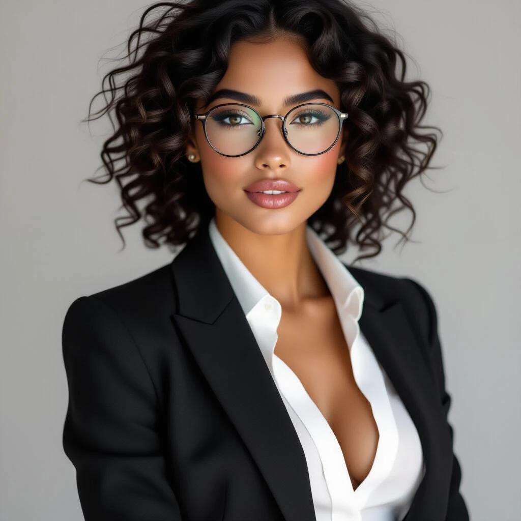A woman with curly hair wearing a black suit and white blouse. Focus on her confident pose. She has a small mole on her cheek and wears round glasses. Soft, flattering lighting. The portrait conveys elegance and allure. Generous cleavage and alluring smile.