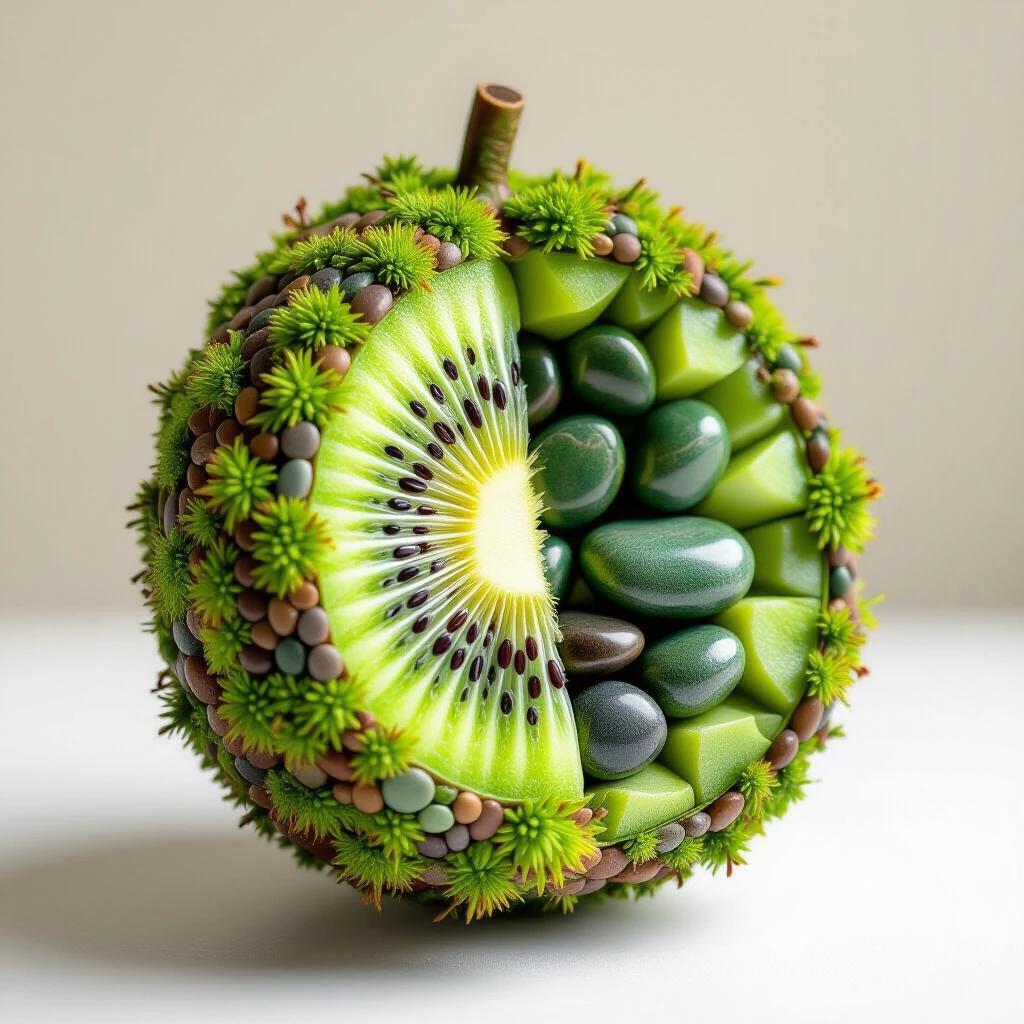 Botanical sculpture of a kiwi fruit. Exterior made from vibrant green moss. Tiny earthy pebbles adorn the surface. Interior revealed by a slice with polished green stones and dark seed-like inclusions. Emphasizes earthy natural elements and botanical sculpture vibe.