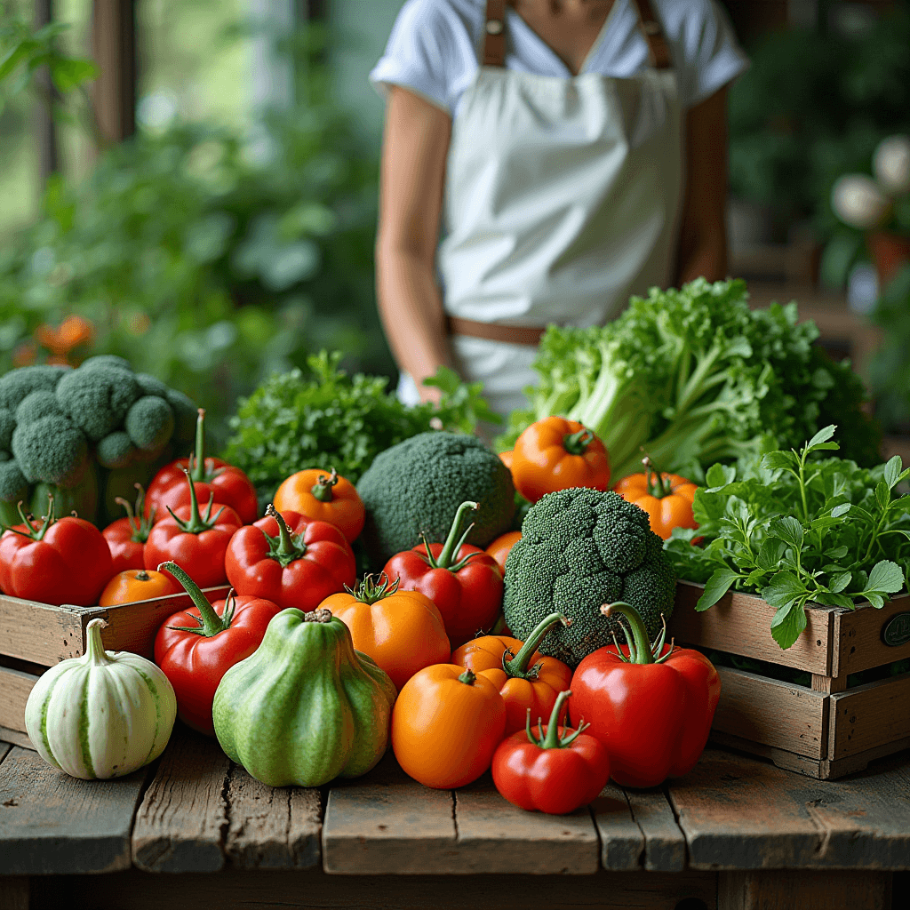 A variety of colorful fruits and vegetables are arranged on a wooden table with a person in a white apron in the background.