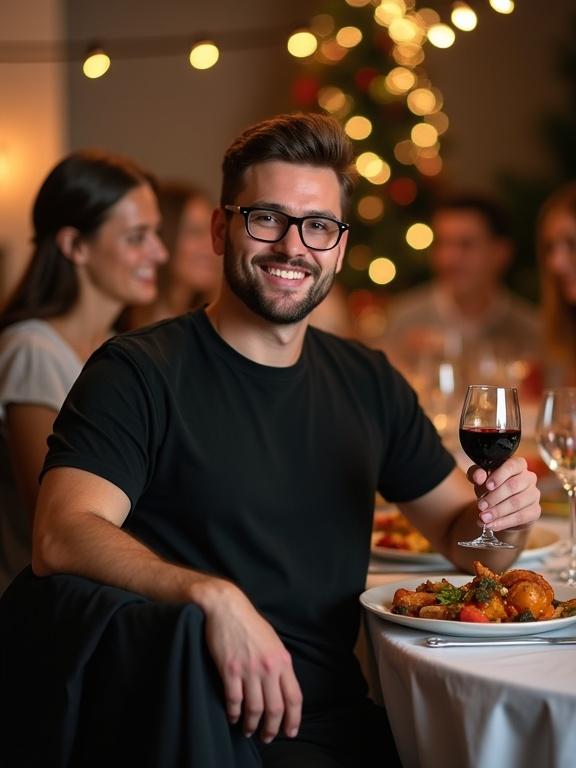 Handsome man with glasses at Christmas dinner. He holds a glass of red wine. Wears a black t-shirt and pants. Relaxed and smiling. Black suit jacket on chair. Dinner table with Christmas food. Guests enjoying the celebration in background.