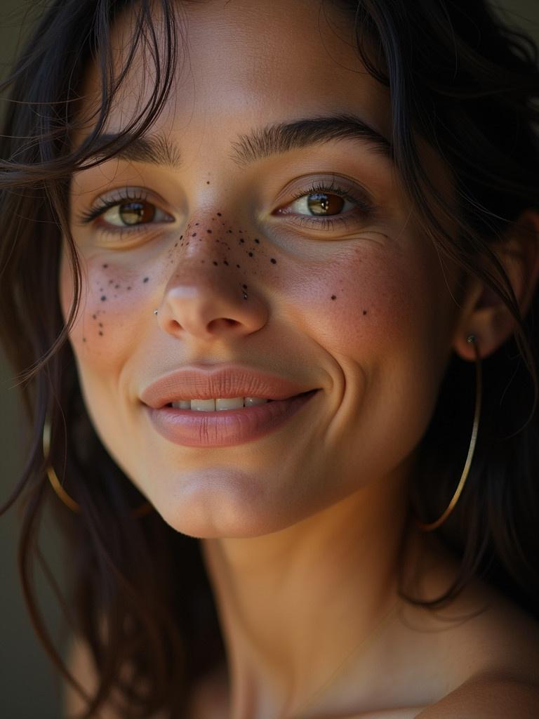 A woman with a black mole under her smile lines. Portrait capturing her neck and shoulders in soft natural light.