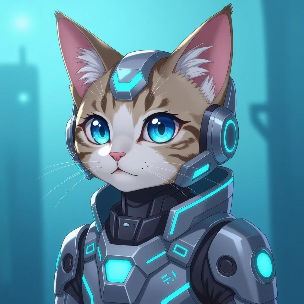 A cat in a futuristic anime style. Character has big expressive eyes and wears a high-tech suit. The setting is a futuristic cityscape.