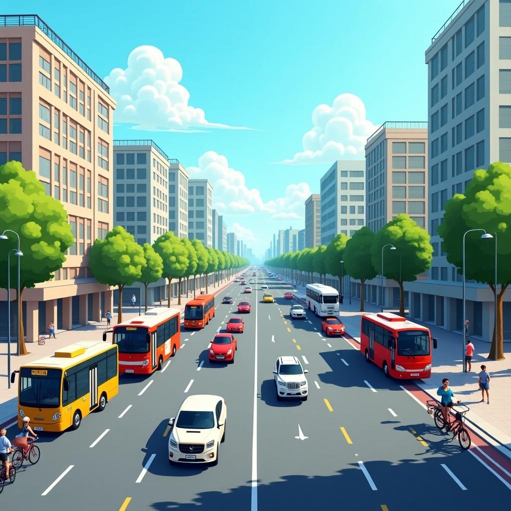 This image showcases a vibrant city street scene featuring various modes of transportation. The foreground includes buses, cars, and bicycles traveling along a well-structured road. On either side of the street, there are tall buildings lined with trees, creating a pleasant urban atmosphere. A clear blue sky with soft clouds adds an inviting feel to the scene. This depiction highlights the importance of accessible transportation in urban settings.