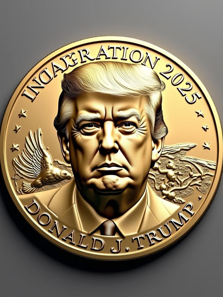 Design a commemorative coin featuring the portrait of Donald Trump with engraving style. Include 'Inauguration 2025' text at the top and 'Donald J. Trump' at the bottom. Add subtle patriotic elements like eagle or American flag. The coin has a gold metallic finish with intricate details for significance.