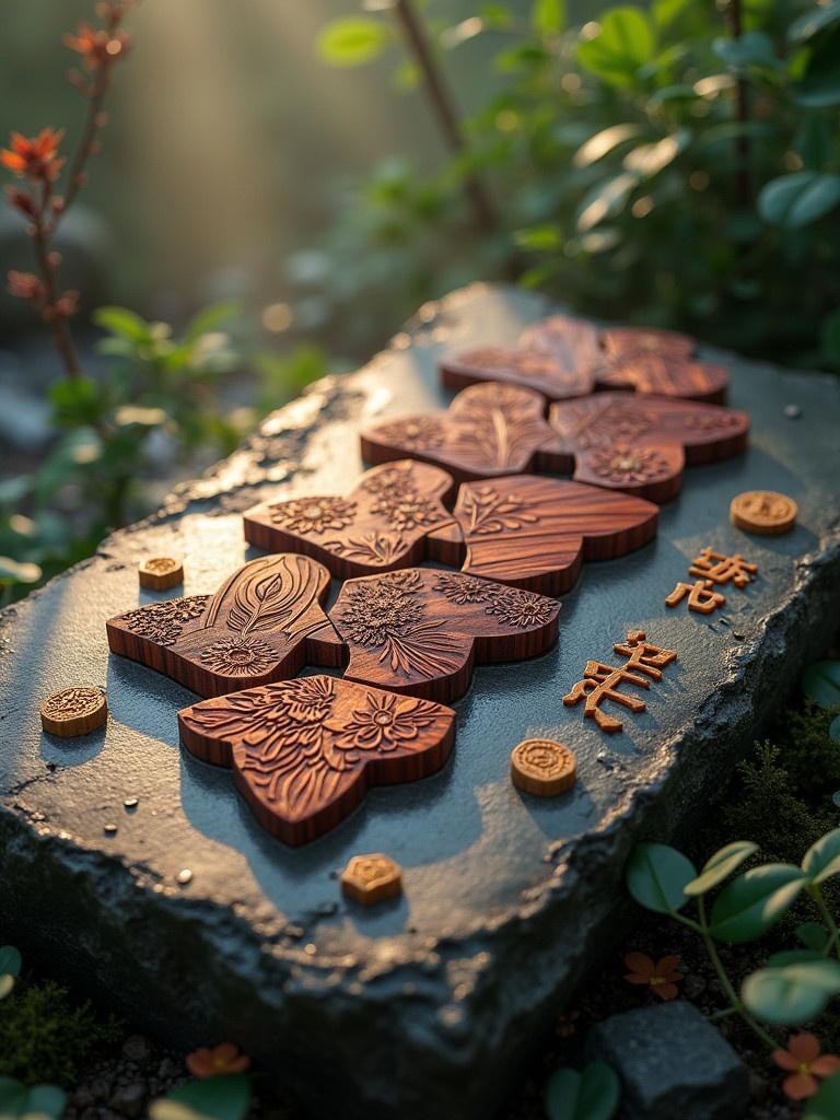 Tangram puzzle pieces crafted from various exotic woods. Pieces intricately carved with flower and dragon motifs. Scattered across a worn stone tablet. Tablet features chiseled Qin seal script. Surrounded by lush greenery. Misty atmospheric effects create a mystical ancient setting. Hyper-realistic detail with deep color palette. Golden lighting enhances visual impact.