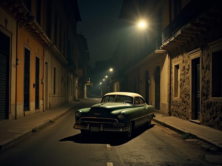 Old American vintage car parked under a streetlamp in a Havana street. Nighttime setting. Nostalgic atmosphere.