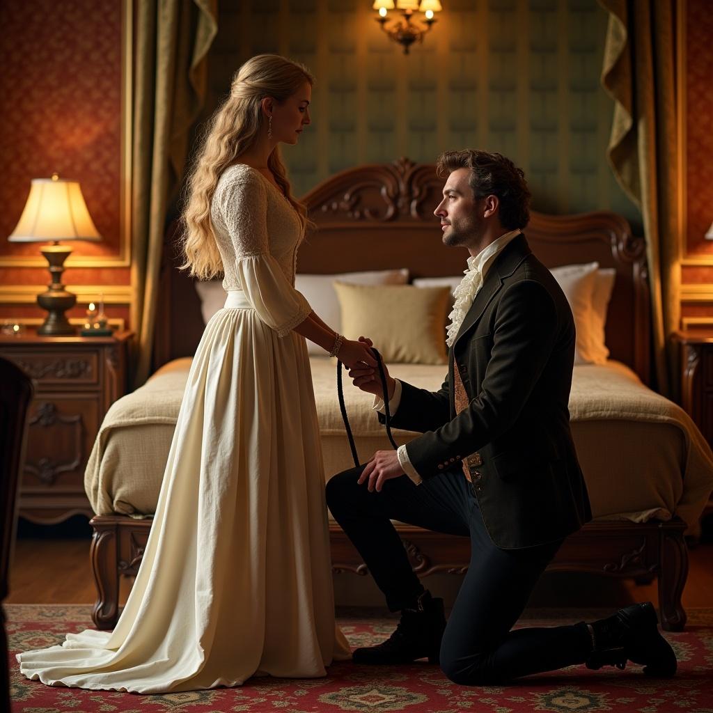 A fair-haired girl is holding her kneeling boyfriend on a leash in a romantic scene. They are dressed in historic attire, with attention to period details. The setting is a richly decorated bedroom, filled with warm colors and elegant furnishings. Soft lighting enhances the intimate atmosphere, creating a beautiful backdrop for the couple's interaction. The scene evokes emotions of love, affection, and a touch of playful dominance.