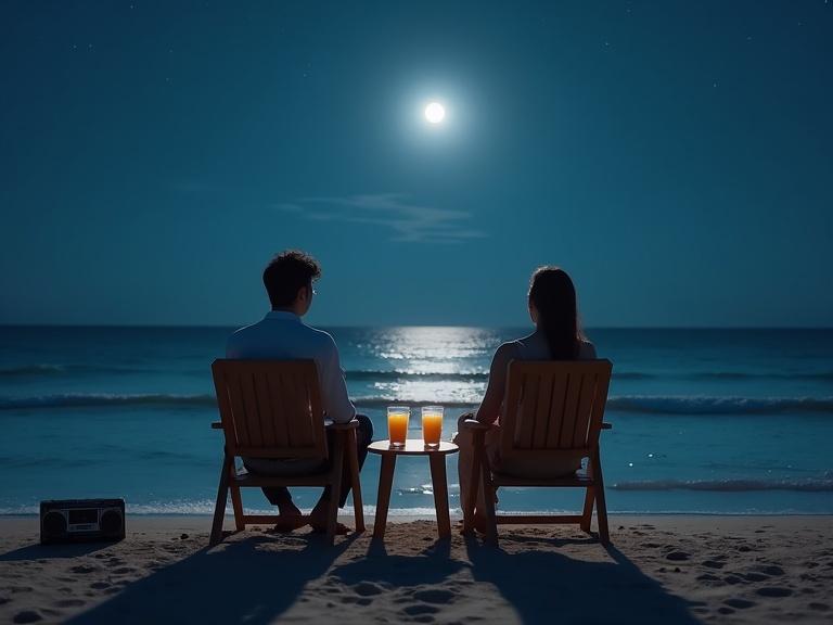 A romantic beach scene at night with a couple sitting on wooden chairs. They face the sea with their backs to the viewer. A small table holds two juice glasses. A vintage cassette player is on the sand. The scene is softly illuminated by moonlight, creating a serene atmosphere with gentle waves and a starry sky. The image is photorealistic with natural colors and soft shadows.