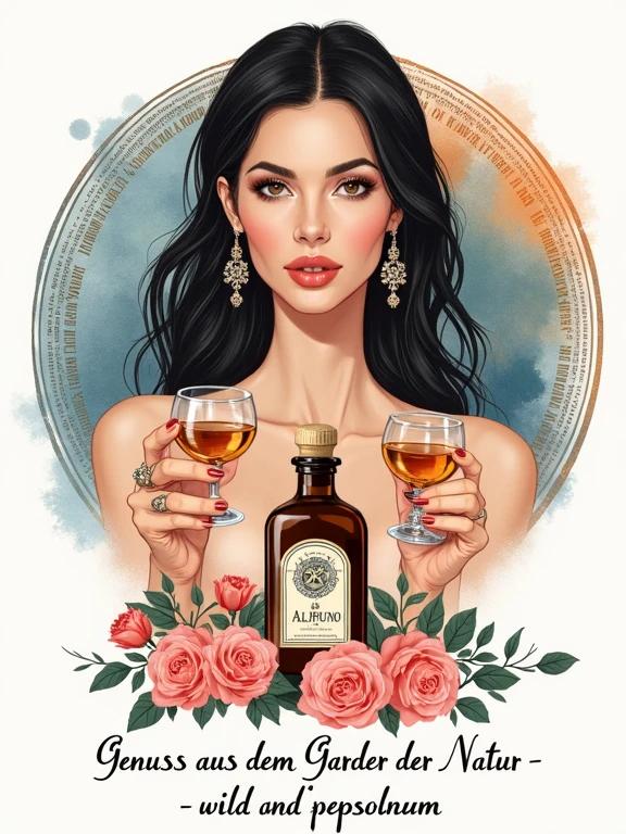 Digital illustration features a woman with long dark hair. She holds two glasses with an amber drink. She wears ornate earrings. Her shoulders are bare. The background shows a circular design in blue and orange. An apothecary-style bottle labeled 'Alfruno' is displayed in front. Pink roses and green foliage decorate the bottle's base. The image has text at the bottom in a serif font.