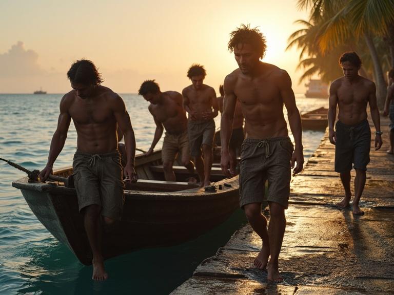 Seven exhausted diverse individuals stepping off a small weathered boat onto a rustic dock at a tropical harbor. Clothes wet and torn after ordeal at sea. Faces show fatigue, pain, and relief. Warm sunset light over calm water and palm trees. Cinematic lighting emphasizes emotional intensity of their journey.