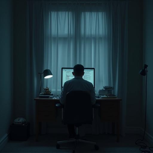 Create an album cover depicting insomnia. A dark room features a faceless person at a desk. The person gazes at unfinished work on a computer. Frustration is visible in the scene's mood.