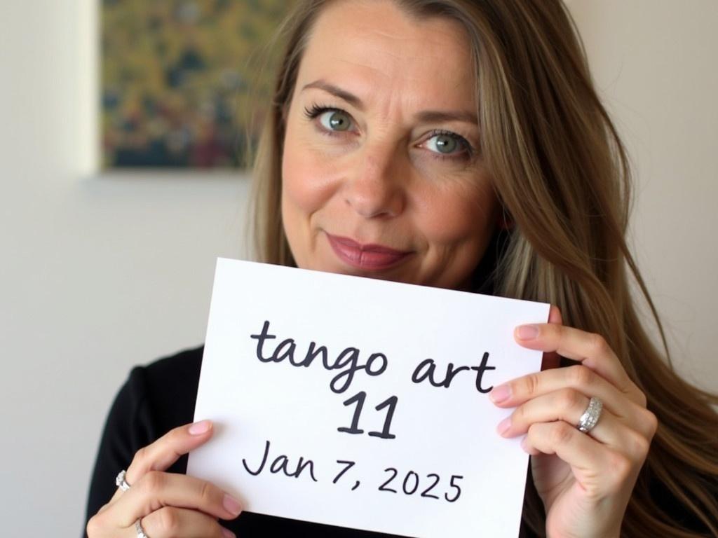 A woman is holding a sign that says 'tango art 11' and beneath it is the date 'Jan 7, 2025'. She has one hand on her chin and her other hand is holding the sign. The woman is wearing a wedding ring on her left ring finger, but there are no other rings on her fingers. Her long hair cascades down her shoulder, appearing soft and wavy. The background is subtly blurred, revealing a light-colored wall and a piece of art hanging above.