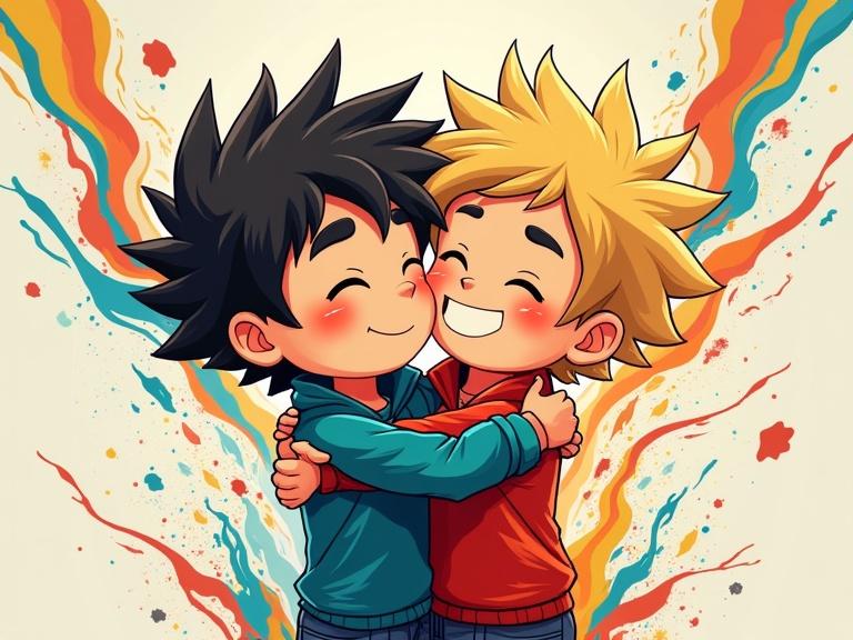 Full body image of two boys embracing each other in a colorful background with abstract spikes and swirls. One boy has black hair and the other has blond hair. Cartoon style.