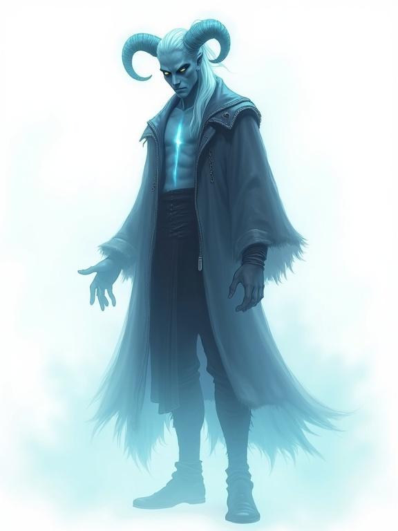 Full body view of a male tiefling ghost. Rendered in a modern comic style. Semi-transparent ectoplasmic body with faint glowing blue light. Glowing horns and white hair tied in a high ponytail. Legs fading into mist. Wearing a leather robe made of spectral mist. Ghostly and intangible appearance. Backlighting and soft focus edges.