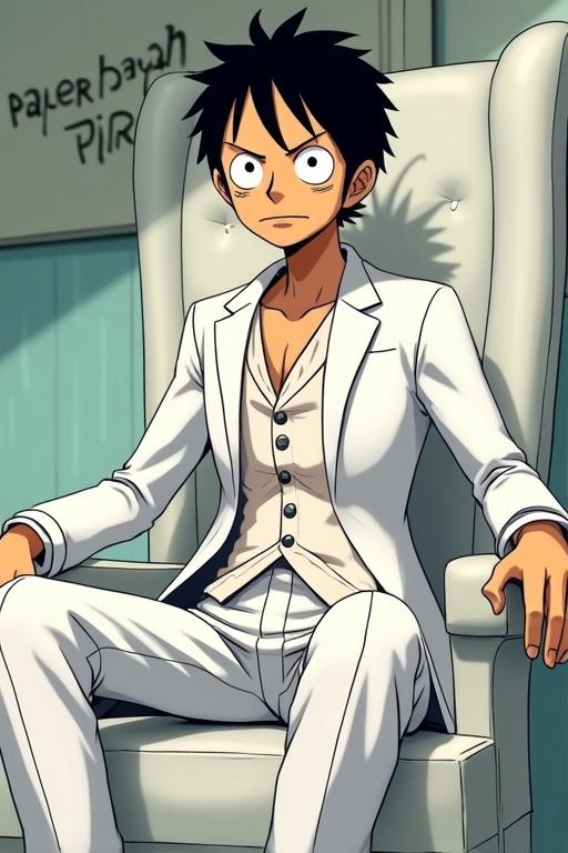 Monkey D. Luffy sits in a white chair wearing a white suit. Background shows a wall with 'Royal Vanguard' text. Luffy has a surprised expression.