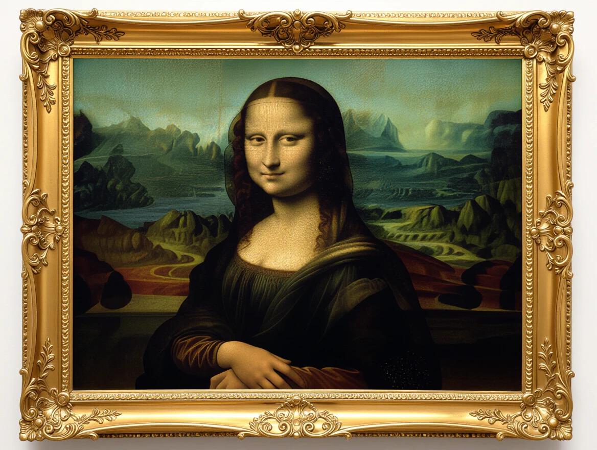 Art piece featuring a serene woman with a captivating smile in a vintage frame with natural scenery in the background.