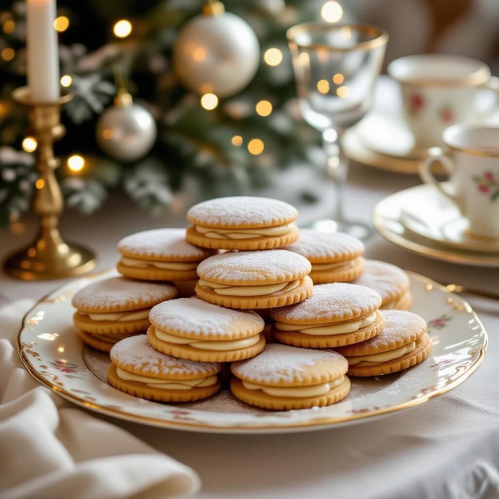 Alfajores placed on an elegant plate. A festive table setting is in the background. Soft daylight illuminates the scene.