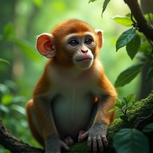 A monkey sitting on a mossy surface in a vibrant green jungle. The environment is lush with plants and foliage surrounding the monkey.