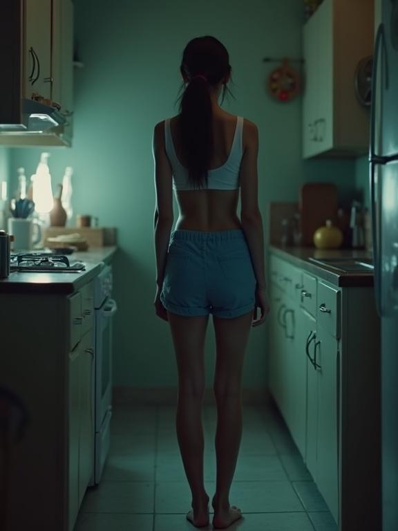 A woman stands in a dimly lit kitchen at night. She has a brown complexion and dark hair in a ponytail. Wearing blue shorts and a white cropped tank top. The setting features a futuristic aesthetic with low-key cinematic lighting. The atmosphere feels mysterious and haunting.
