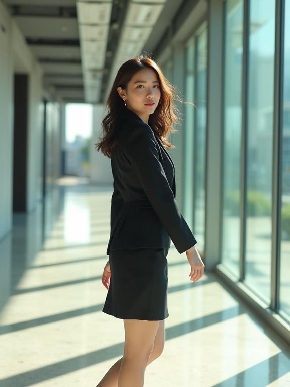 Cinematic shot of a Korean woman in her 20s with a subtle grin. She has brown eyes and a curvy figure. She wears an elegant office lady outfit with a fitted blazer and a short suit skirt. She walks gracefully through a modern office corridor. Sunlight filters through tall glass windows casting shadows. Her hair flows gently as she glances at the camera with confidence. Shot in 24fps with shallow depth of field and smooth camera pan.