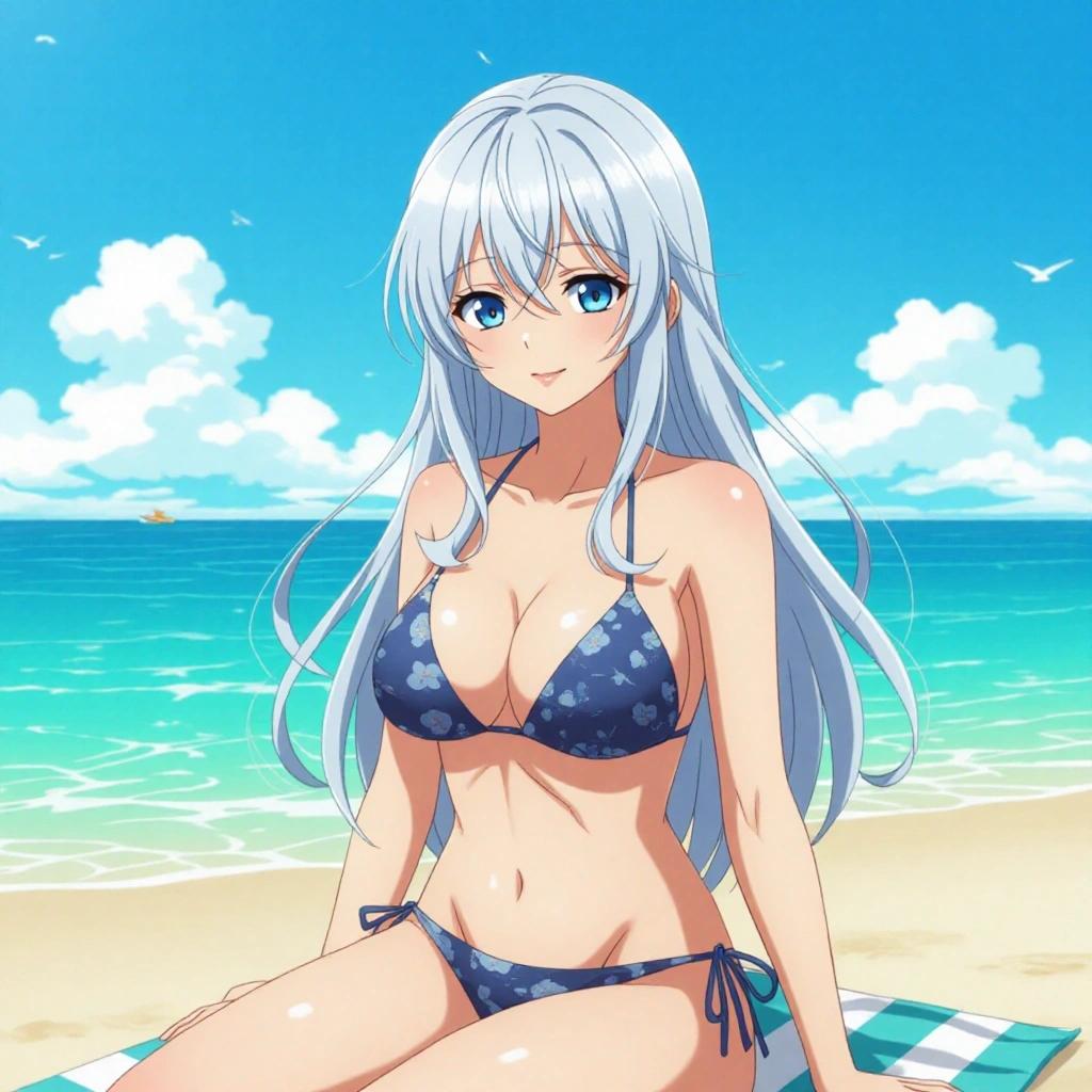 Mature anime woman in bikini sitting on a beach blanket. She has long silver hair and blue eyes. The setting is sunny with a beach backdrop.