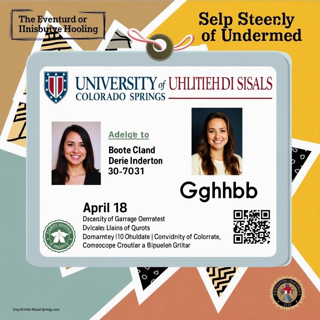 Image of a student ID card from University of Colorado Springs. The card includes personal information like name, degree, and date. Sections are labeled in an unusual format suggesting a playful or humorous tone with the text. Features university logo and design elements typical of student ID cards.