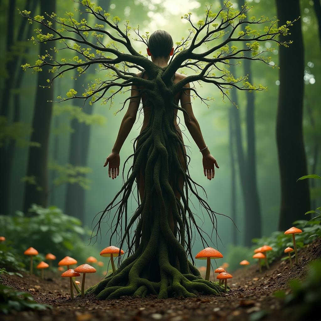 Create an image of a woman facing forward with tree branches and roots as part of her body in a forest. Include magic mushrooms on the ground. Show many roots connected to her body with electrons flowing through. Capture the duality between technology and nature.