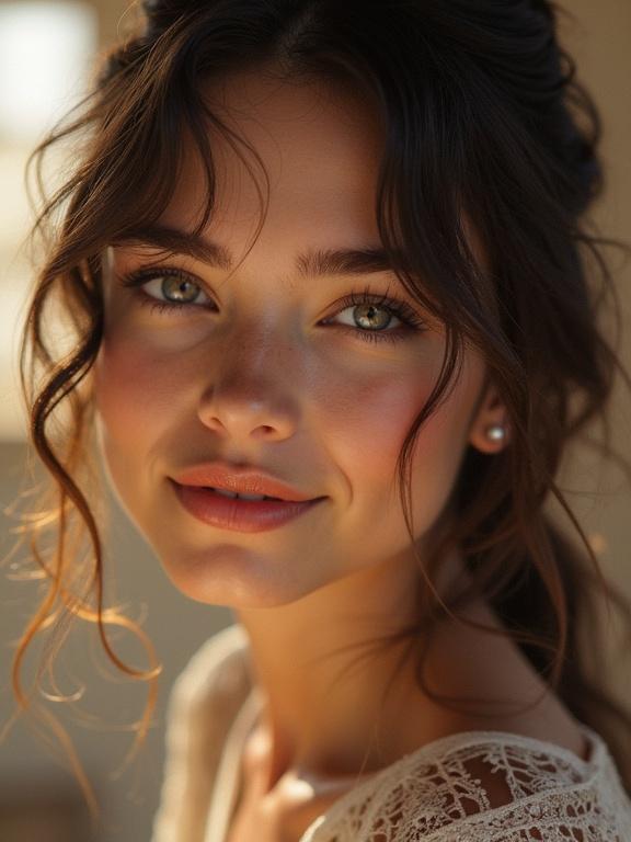 A portrait of a beautiful girl with soft lighting. The girl has long hair styled softly. Her expression is warm and inviting, showcasing her natural beauty.