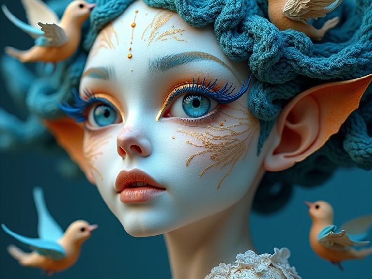 Surreal imagery featuring a woman with white face paint and bluebird-like eyelashes. Hair styled like a nest with bluebirds in flight. Rich in vibrant colors and dreamlike elements. Artwork captures a nighttime scene illuminated by the full moon. Uniquely made of origami-inspired paper folds. Visuals blend whimsical and bohemian themes with intricate details.