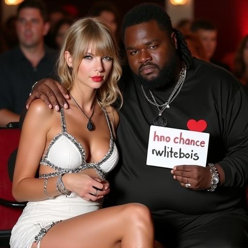 Taylor Swift with long blonde pigtails. Wearing a very short white cutout club dress. Black queen of spades pendant around neck with cleavage showing. High heels. Sitting closely with a large obese black gangsta rapper. He holds her close. Taylor Swift smirks and holds a sign saying 'no chance whitebois'.