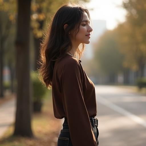 Young woman stands in profile. Wearing a chocolate brown long-sleeved blouse with a high collar. The fabric is smooth and fitted. Basic and elegant blouse in classic winter style. Model different, with varied hair and face. Natural posture, looking ahead or slightly upward. Blurred outdoor landscape background, like a tree-lined sidewalk or light urban area. Focus on silhouette and blouse.