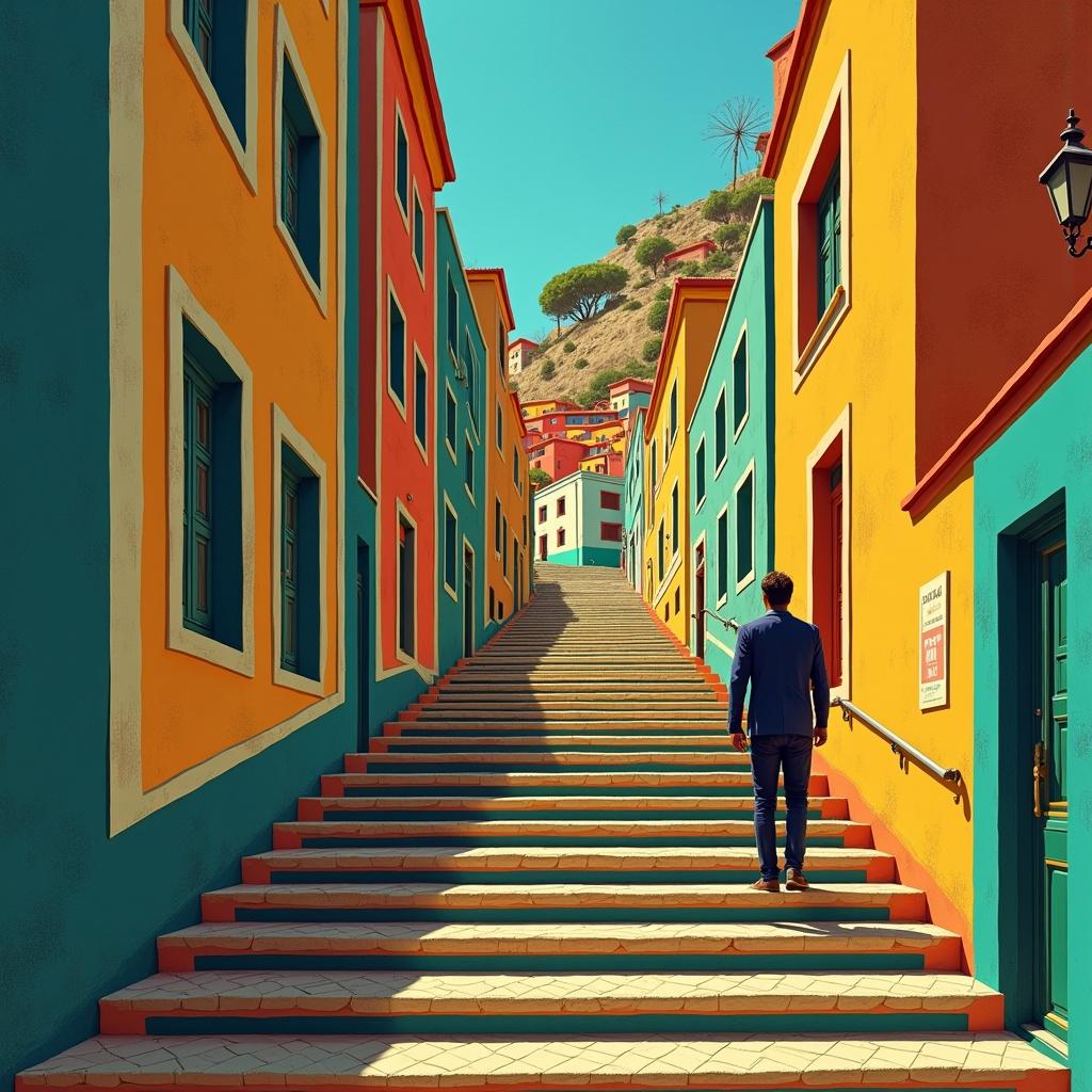 Book cover featuring a colorful staircase in Valparaíso. Incorporate Art Deco patterns. Highlight technological enhancements like glowing lines. Position Kasper halfway on the stairs. Show colorful houses with Art Deco features on the hills.